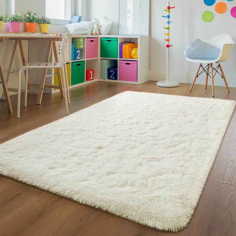 Andecor Soft Fluffy Bedroom Rugs, 5 x 8 Feet Indoor Shaggy Plush Area Rug for Boys Girls Kids Baby College Dorm Living Room Home Decor Floor Carpet, Cream White - Image 1